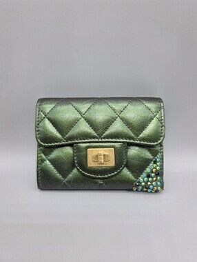 💚CHANEL Authentic Green Iridescent Lambskin Quilted Double Flap Wallet💚